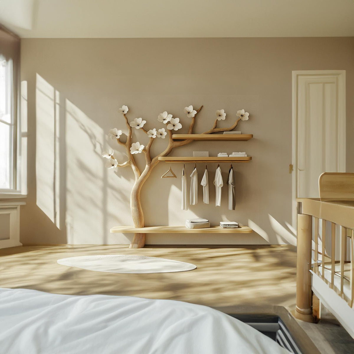 Scandinavian Wooden Tree Wardrobe Rack, Solid Wood Coat Stand & Clothes Garment Hanging Rack for Bedroom Organizer