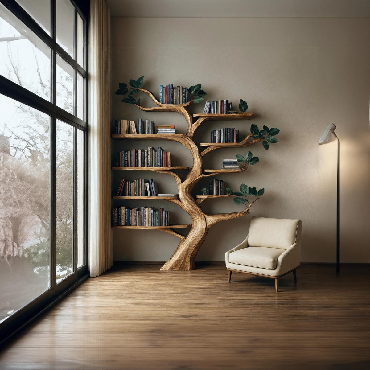 Rustic Branch Bookshelf, Solid Wood Wall Mounted Bookcase & Decorative Floating Organizer for Living Room or Dining Room