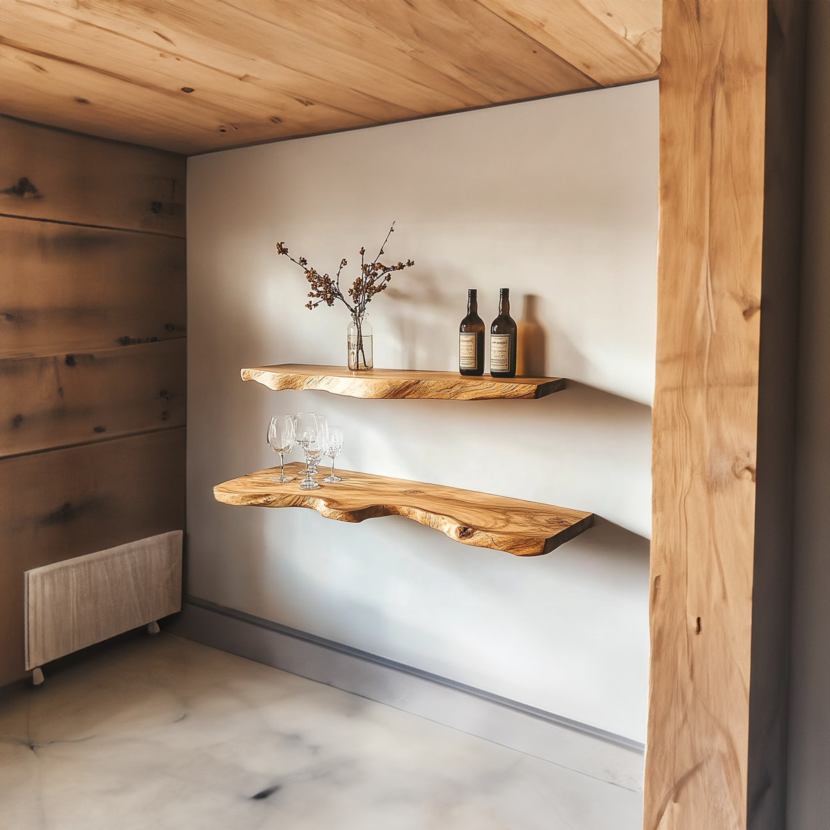 Rustic Solid Wood Floating Shelf with Live Edge Design, Wall Mounted Tableware Display & Kitchen Spice Organizer Ledge
