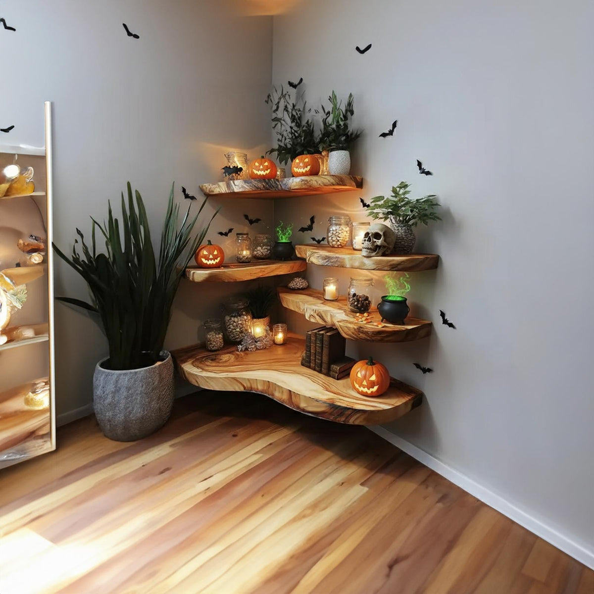 Rustic Farmhouse Floating Wall Shelf, Wooden Tree Branch Wall Shelf, Spooky Halloween & Goth Living Room Display