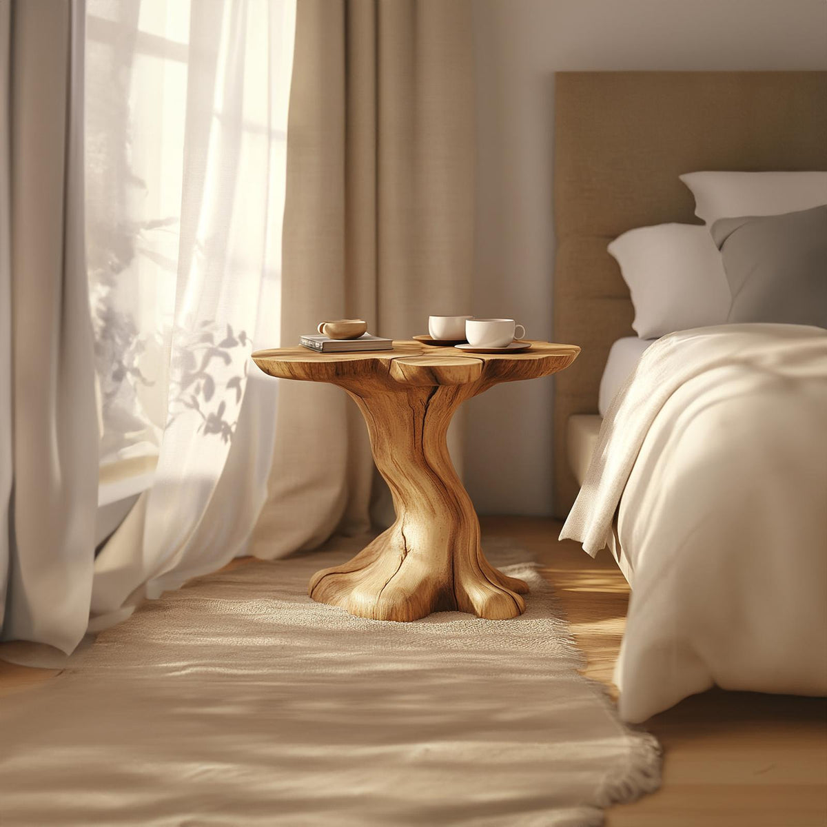 Handcrafted Rustic Wood Sculptural Nightstand, Organic Shaped End Table & Bedside Accent for Living Room, Bedroom
