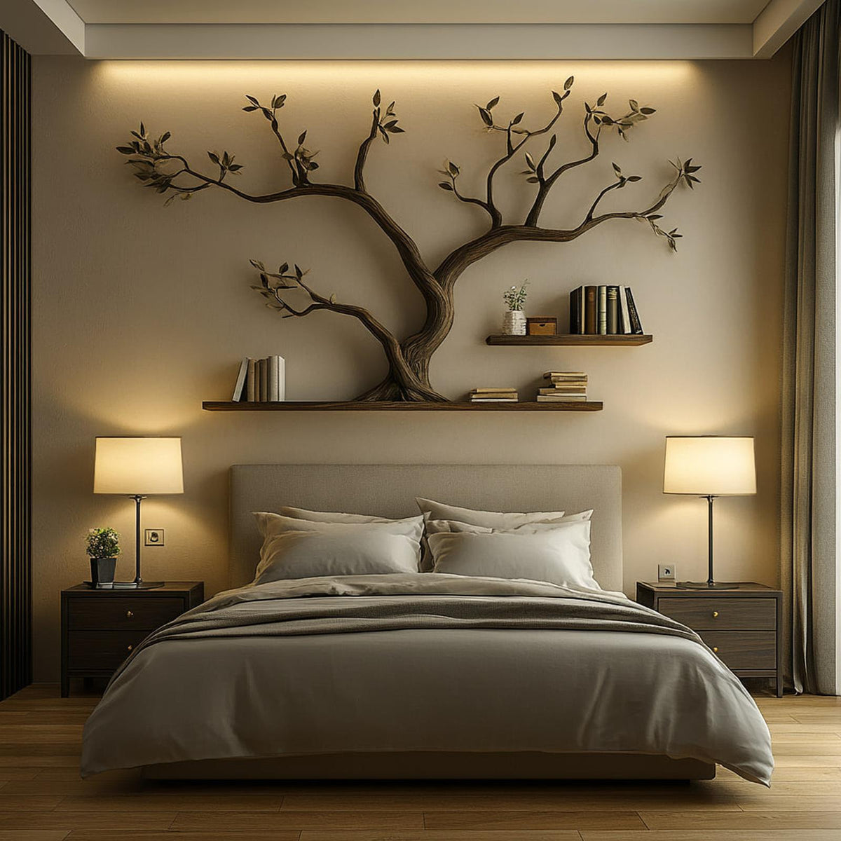 Mid Century Organic Tree Bookshelf Headboard Bedroom Design