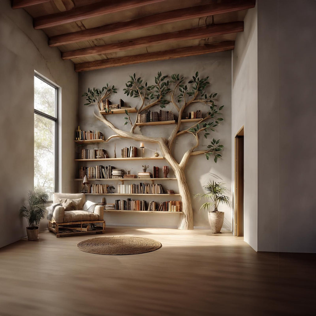 Rustic Tree Bookshelf, Handcrafted Solid Wood Wall Mounted Bookcase & Modern Organizer for Study Room & Living Room Decor
