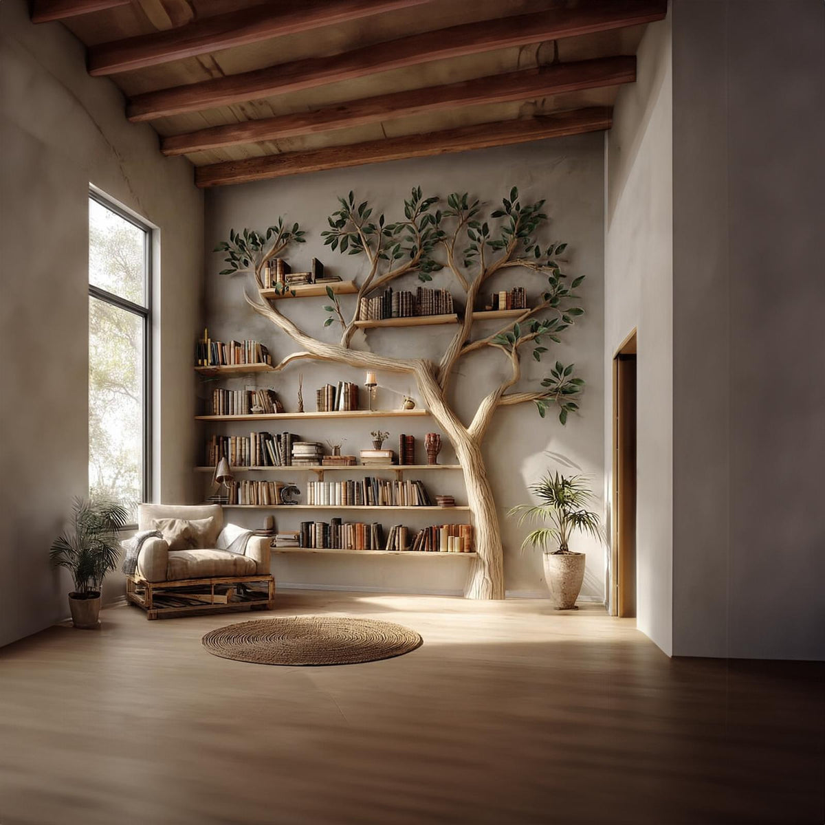 Rustic Tree Bookshelf, Handcrafted Solid Wood Wall Mounted Bookcase & Modern Organizer for Study Room & Living Room Decor