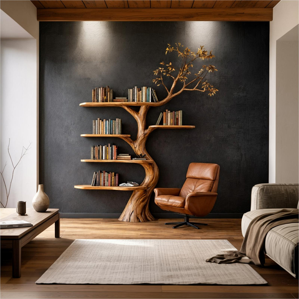 Rustic Solid Wood Tree Bookshelf, Handcrafted Sculptural Wall Mounted Branch Bookcase for Living Room