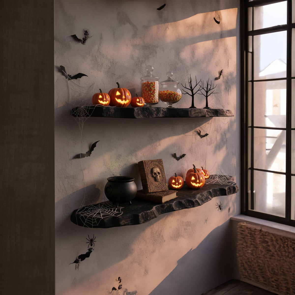 Mid-Century Modern Floating Shelf, Rustic Tree Branch Wall Shelf, Spooky Gothic Halloween Minimalist Home Accent
