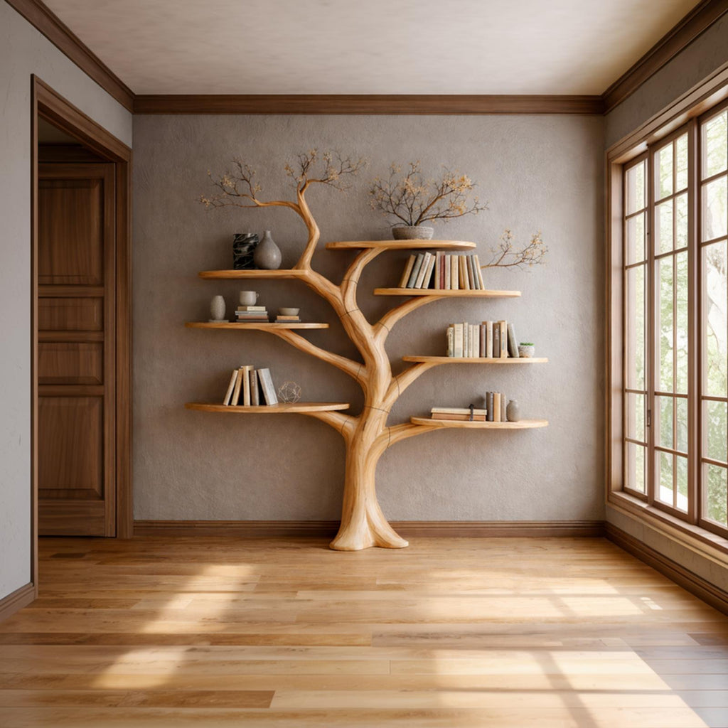 Midcentury Sculptural Wood Tree Bookshelf, Handcrafted Wall Mounted Floating Branch Bookcase for Living Room Art