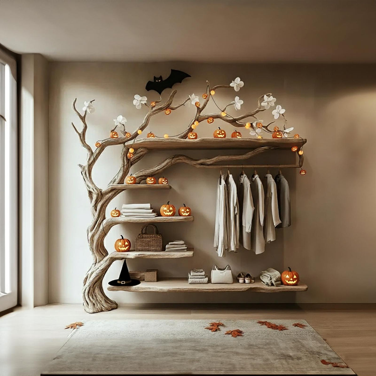 Mid-Century Wooden Tree Clothes Organizer Shelf, Rustic Tree-Shaped Coat & Hat Rack, Spooky Halloween Home Decor