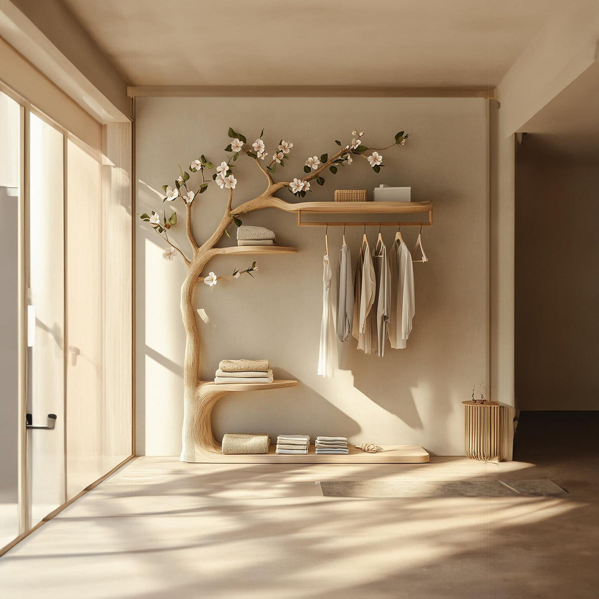 Rustic Tree Clothes Rack Solid Wood Bedroom Organizer