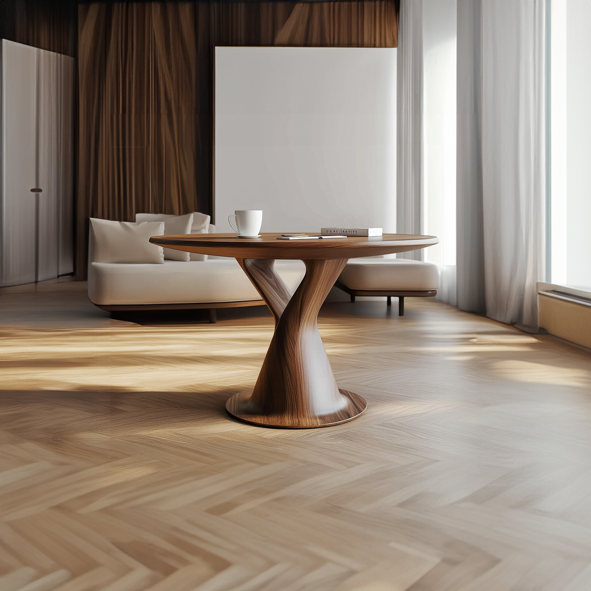 Modern Sculptural Round Coffee Table, Solid Wood Geometric Art Centerpiece Table for Living Room, Lounge, Foyer