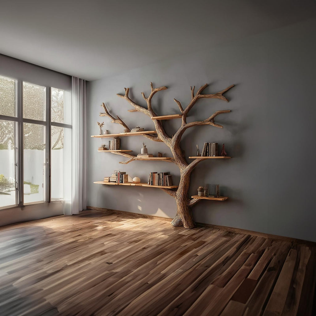 Rustic Artistic Tree Shelf, Solid Wood Wall Mounted Bookcase & Statement Wall Decor Organizer for Living Room & Study