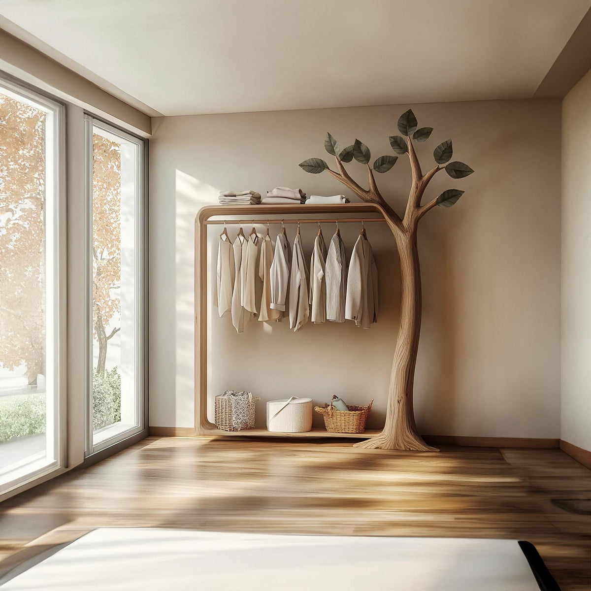 Rustic Tree Wardrobe Rack, Handcrafted Solid Wood Standing Clothes Garment Rack, Natural Branch Bedroom Organizer
