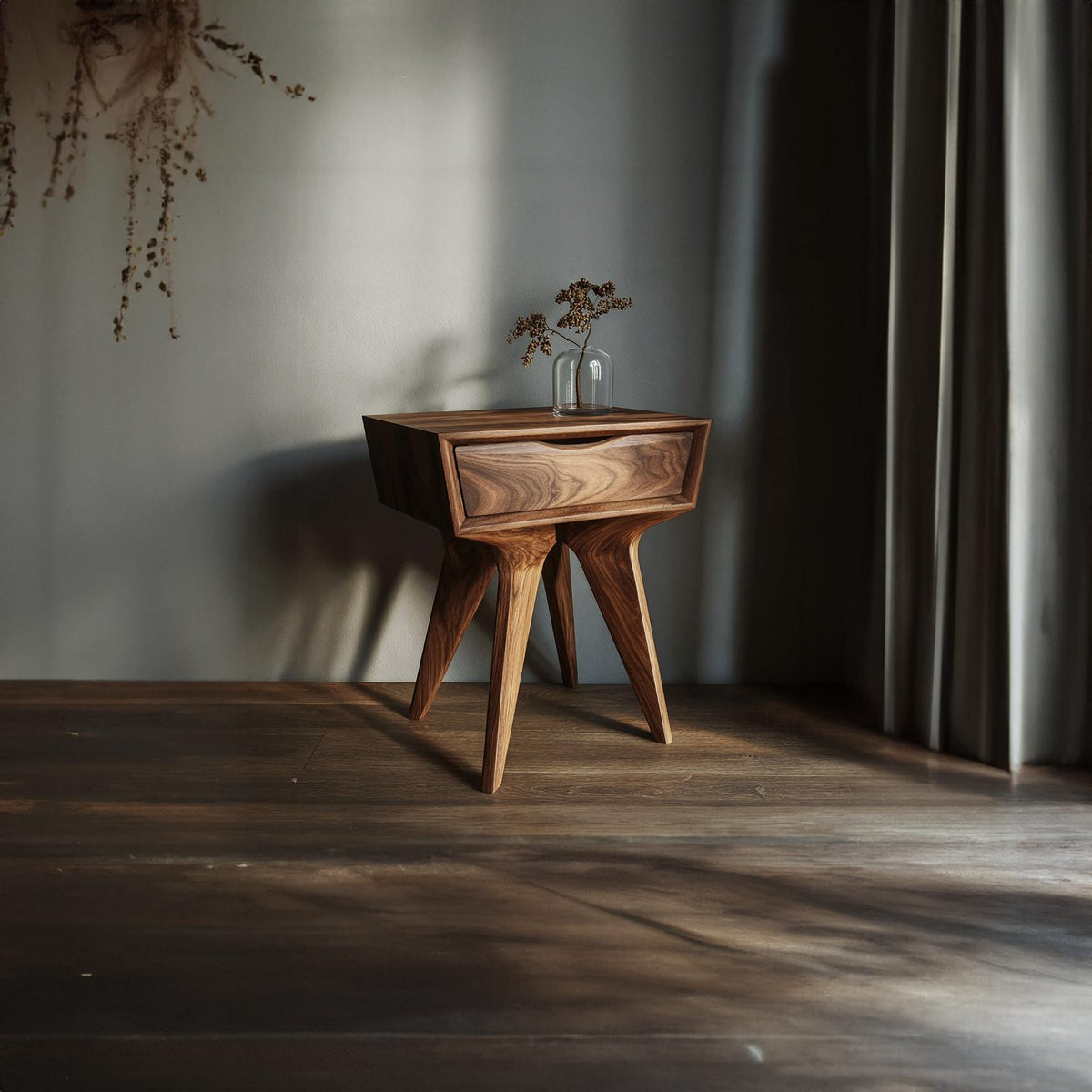 Sculptural Minimalist Wood Side Table, Modern Abstract Bedside End Table for Bedroom & Office, Model