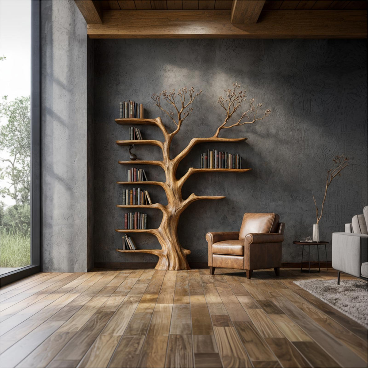 Rustic Tree Bookshelf, Wall Mounted Solid Wood Branch Book Rack, Signature Decorative Furniture for Living Rooms