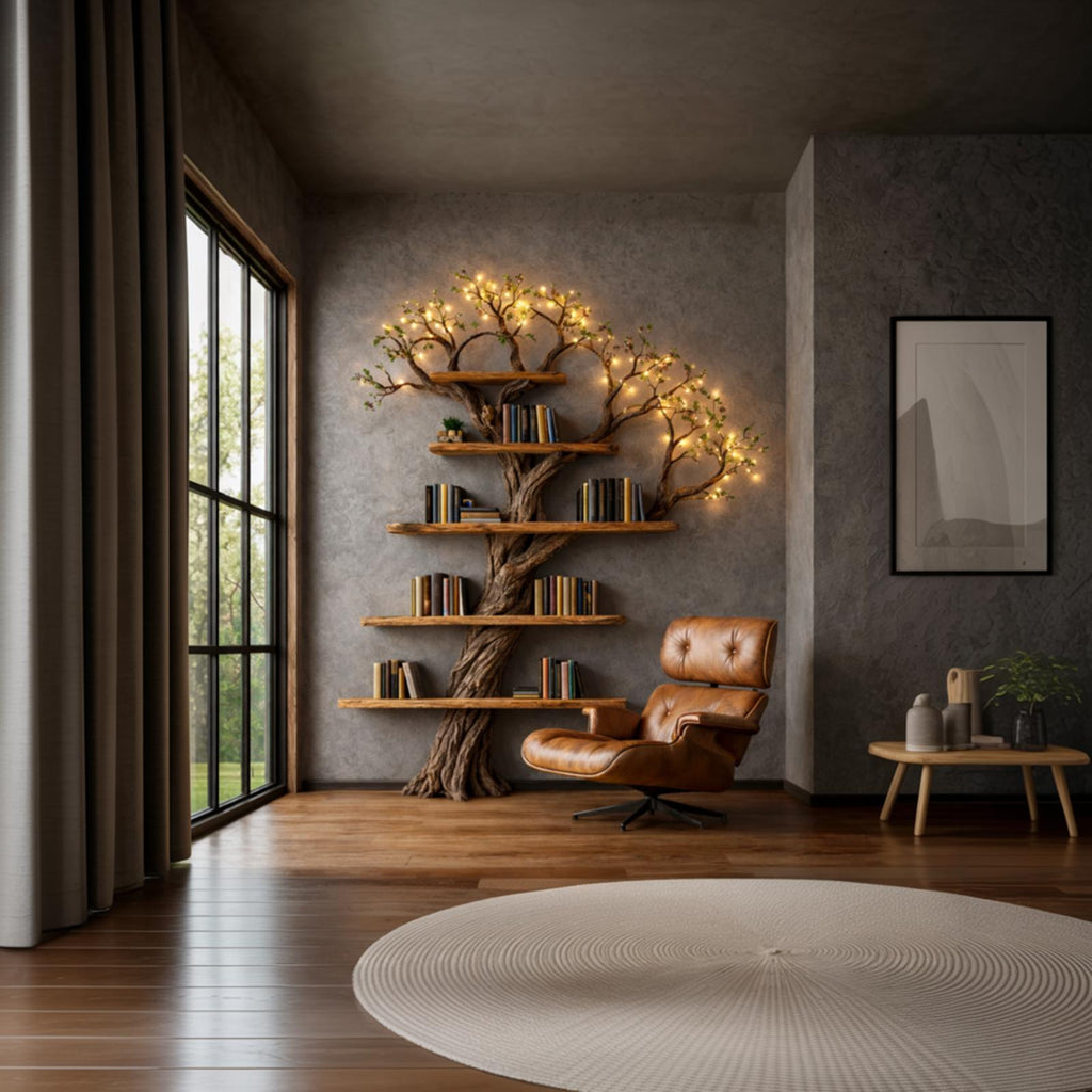 Sculptural Tree Bookshelf, Handcrafted Solid Wood Branch Wall Floating Bookcase Art Furniture for Living Room