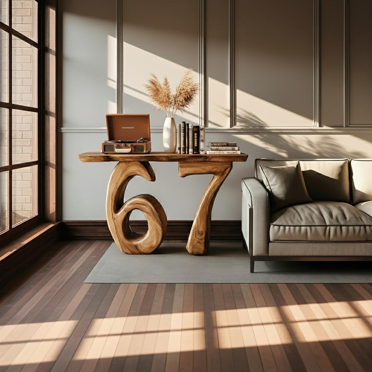 Sculptural Number 67 Wooden Console Table, Modern Abstract Entryway Decor & Living Room Hallway Accent Table