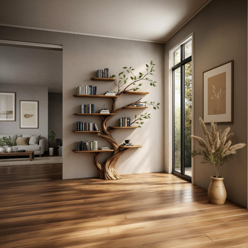 Rustic Wood Tree Bookcase, Handcrafted Floating Branch Wall Mounted Bookcase Display Organizer for Living Room