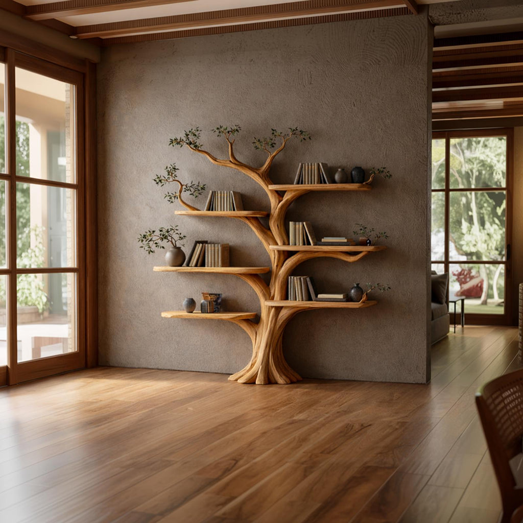 Rustic Tree Style Bookshelf, Handcrafted Solid Wood Floating Branch Wall Mounted Bookcase for Modern Home Decor