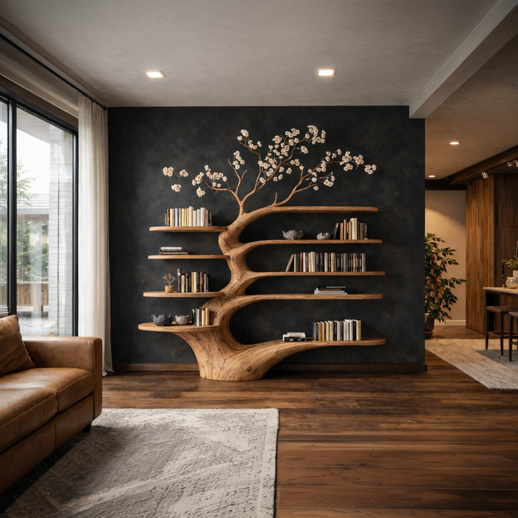Rustic Tree Bookshelf Living Room Interior