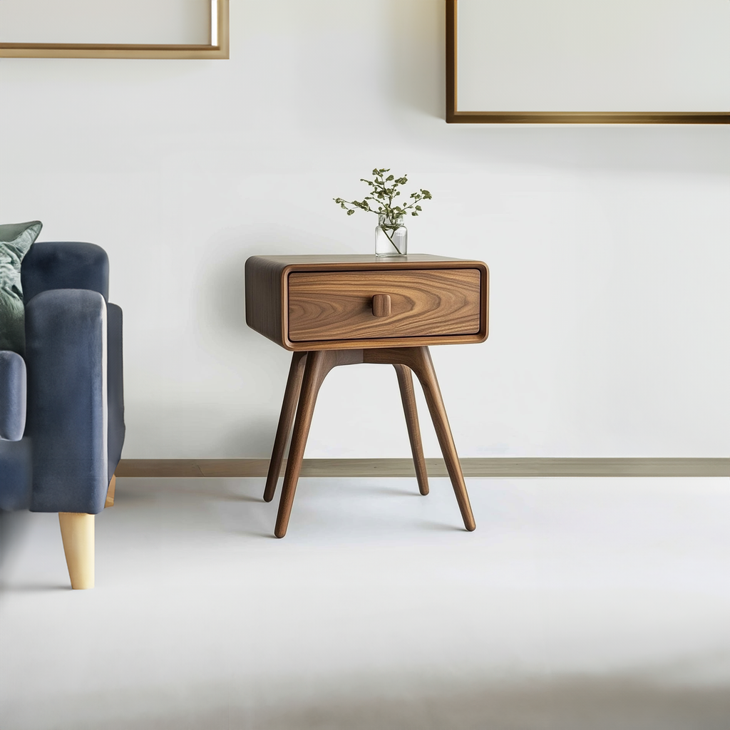 Mid Century Modern Wood Nightstand, Minimalist Bedroom Bedside Table with Drawer & Storage Shelf, Model
