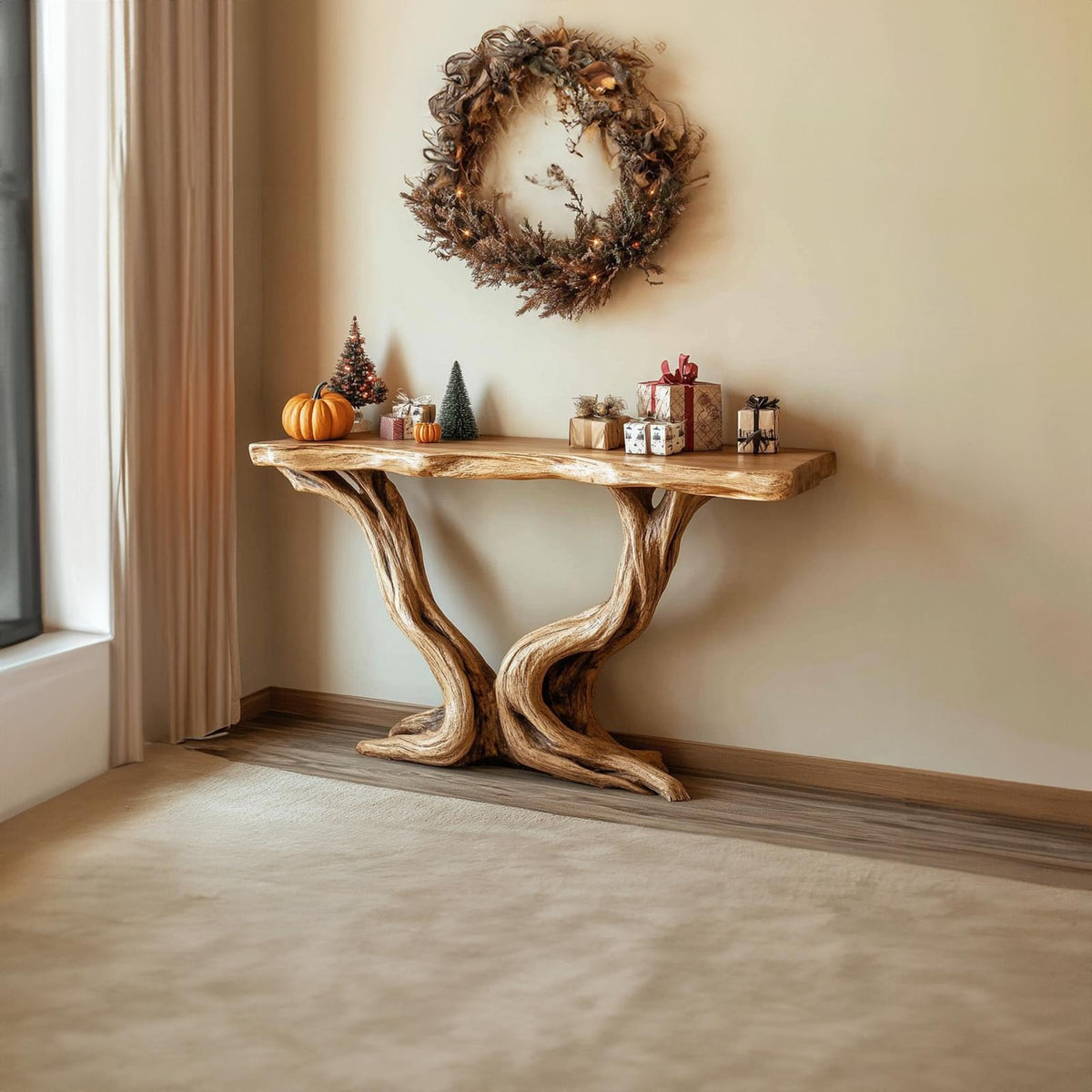 Mid Century Modern Entryway Table, Organic Carved Wood Legs, Compact Console Table for Living Room Corner