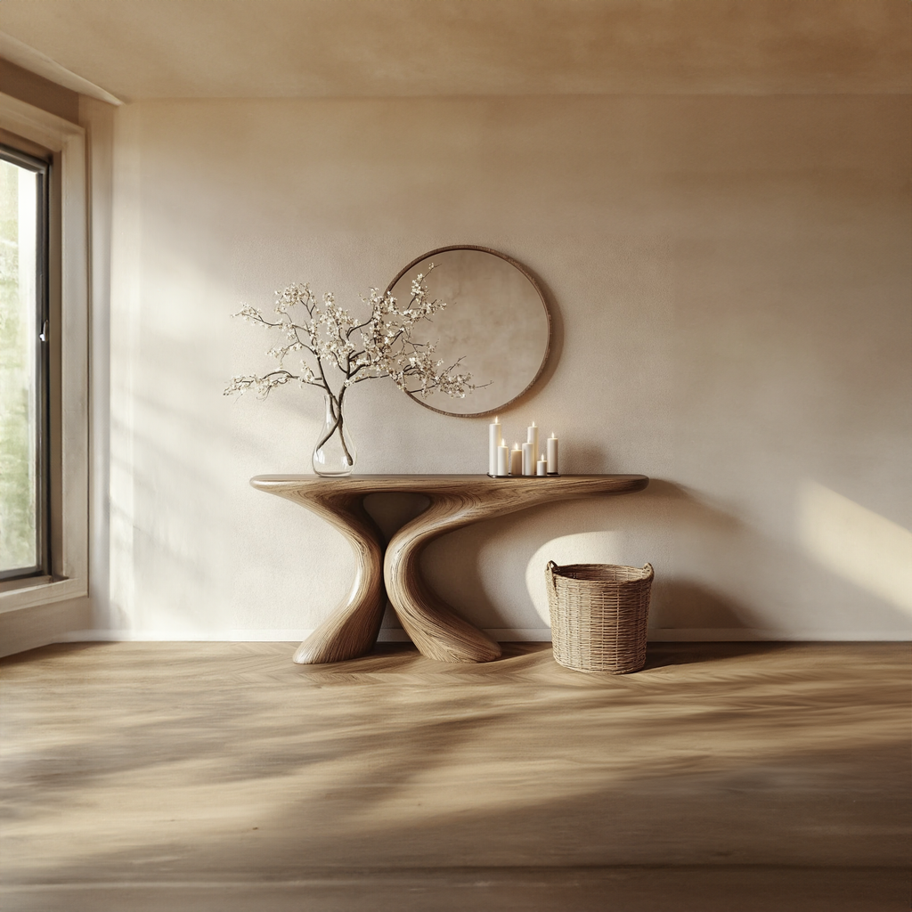 Rustic Entryway Table, Smooth Sculptural Solid Wood Form, Luxury Foyer Welcome Console Table