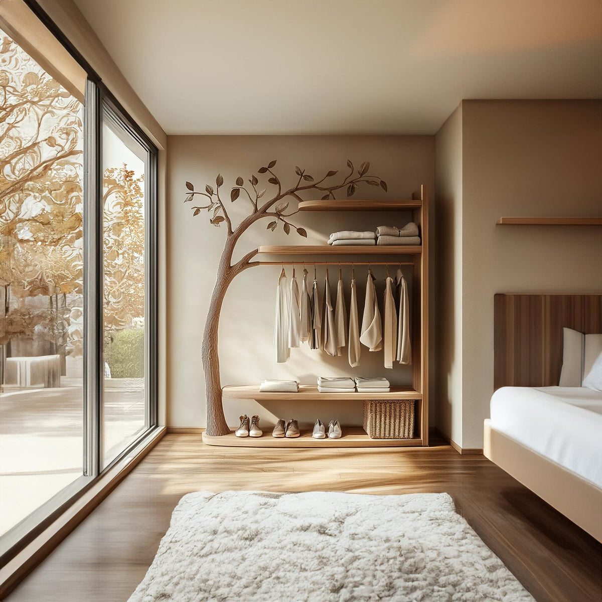 Scandinavian Solid Wood Tree Wardrobe Organizer Natural Living Room