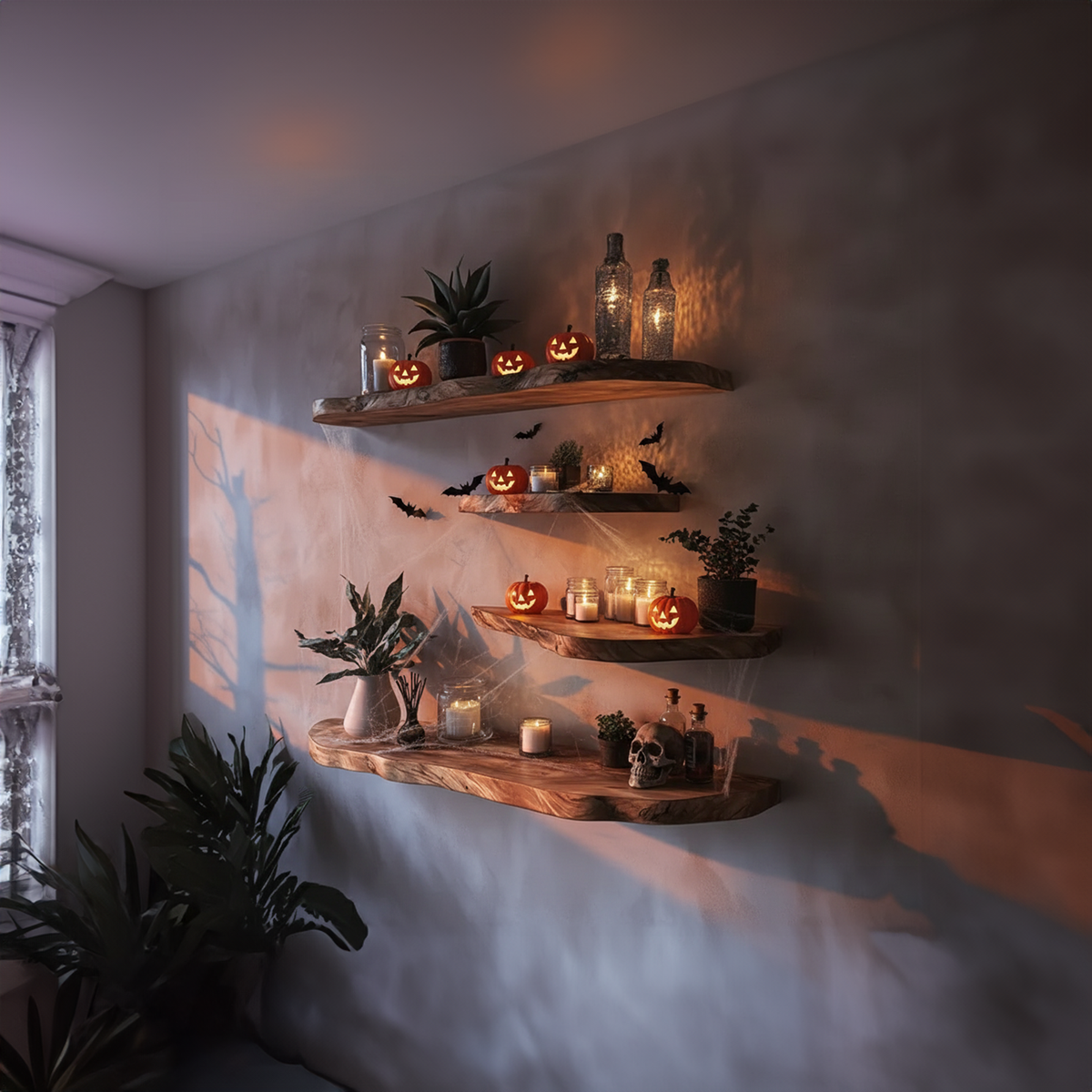 Rustic Handmade Floating Shelf, Tree Branch Wall Mounted Bookshelf, Spooky Gothic Halloween Living Room Decor