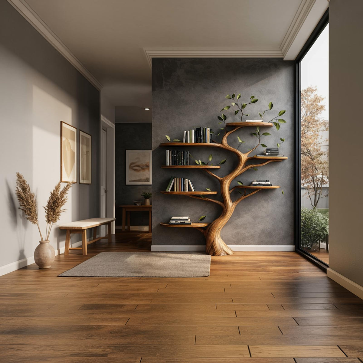 Organic Wood Tree Bookshelf, Handcrafted Floating Branch Wall Mounted Bookcase Display for Modern Living Room