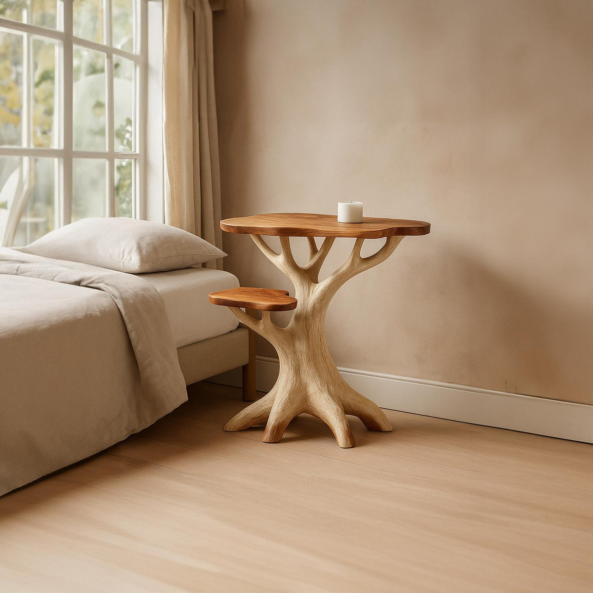Rustic Tree Log Bedside Table, Handcrafted Solid Wood Nightstand & Unique Accent End Table for Cabin Bedroom