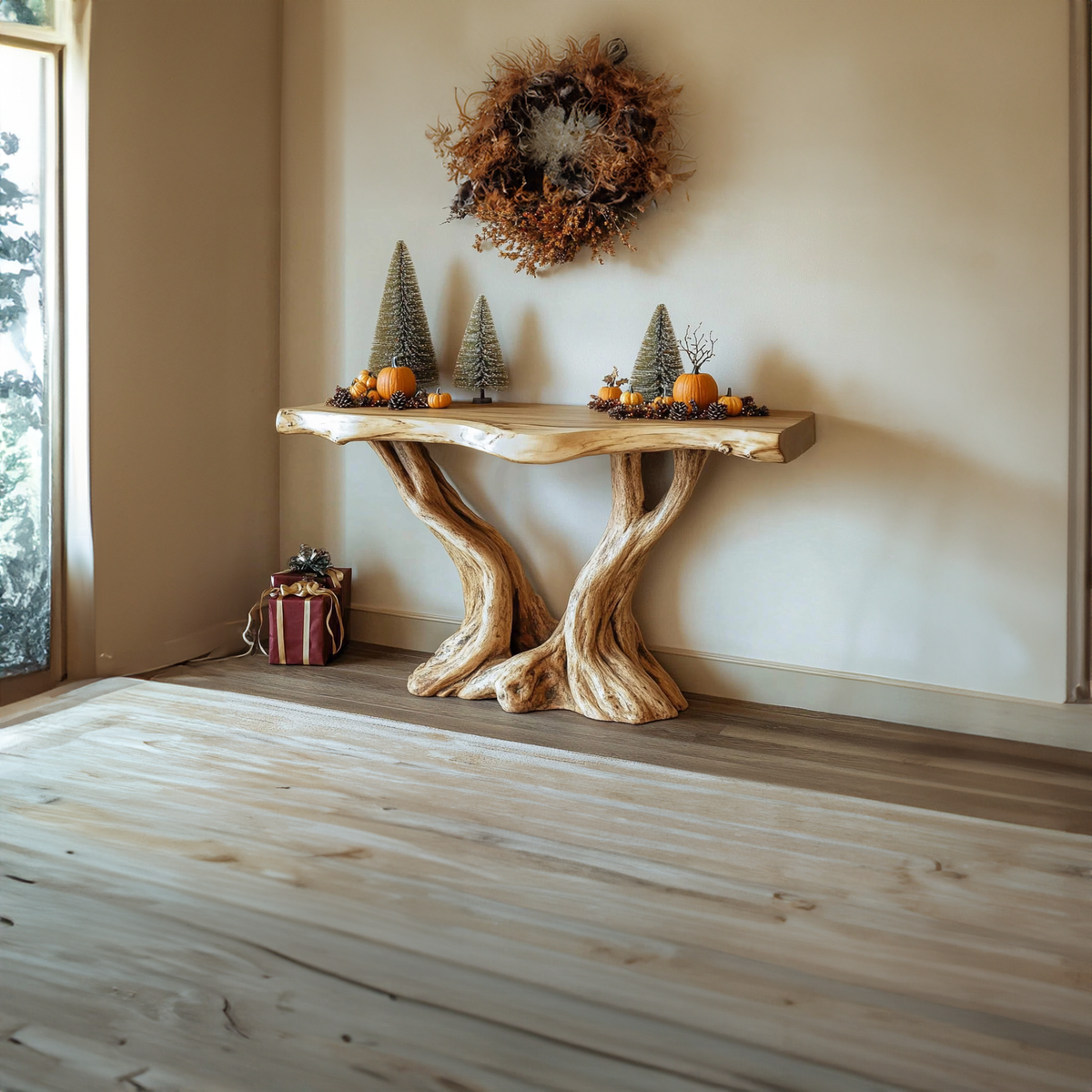 Mid Century Modern Console Table, Handcrafted Solid Wood Tree Root Base, Natural Live Edge Entryway Table