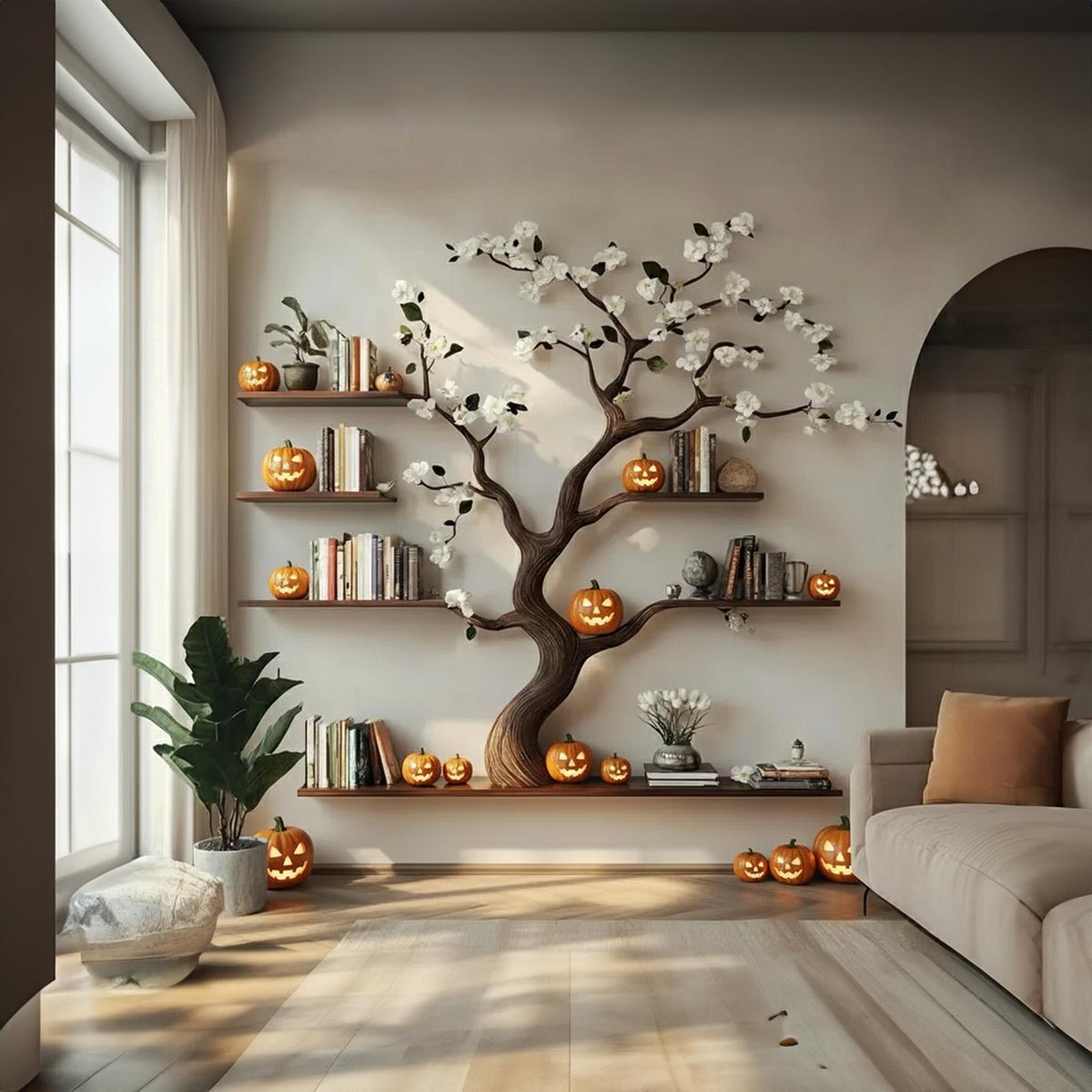 Rustic Natural Tree Branch Wall Bookshelf, Spooky Halloween Floating Bookshelf, Goth Tree Branch Wall Decor