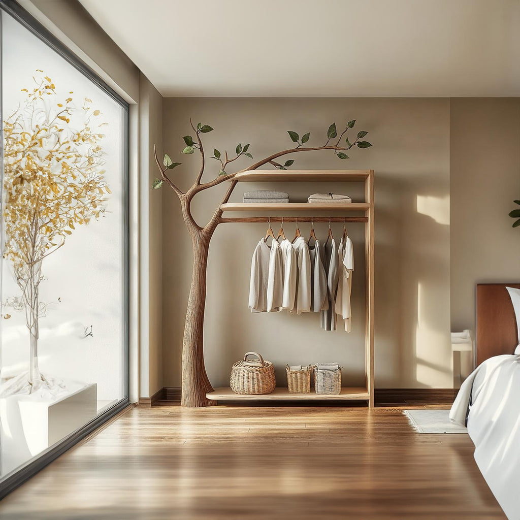 Nature-Inspired Wooden Tree Clothing Rack, Solid Wood Standing Coat Hanger, Modern Bedroom Garment Closet Organizer