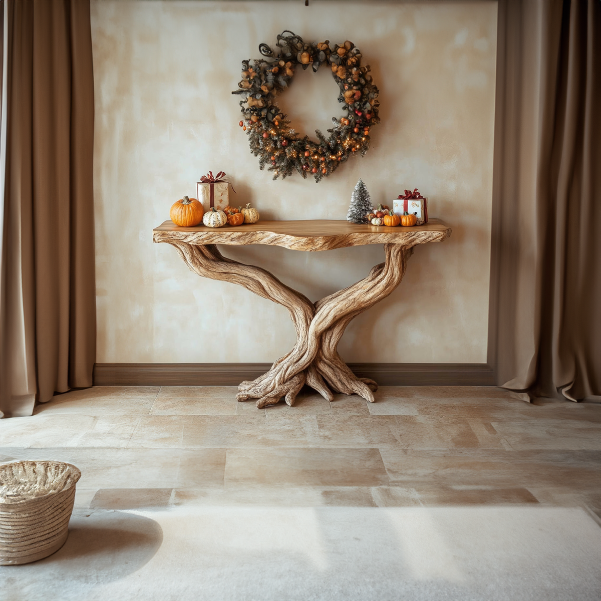 Rustic Console Table, Handcrafted Solid Wood Tree Root Base, Live Edge Entryway & Foyer Accent Display Table