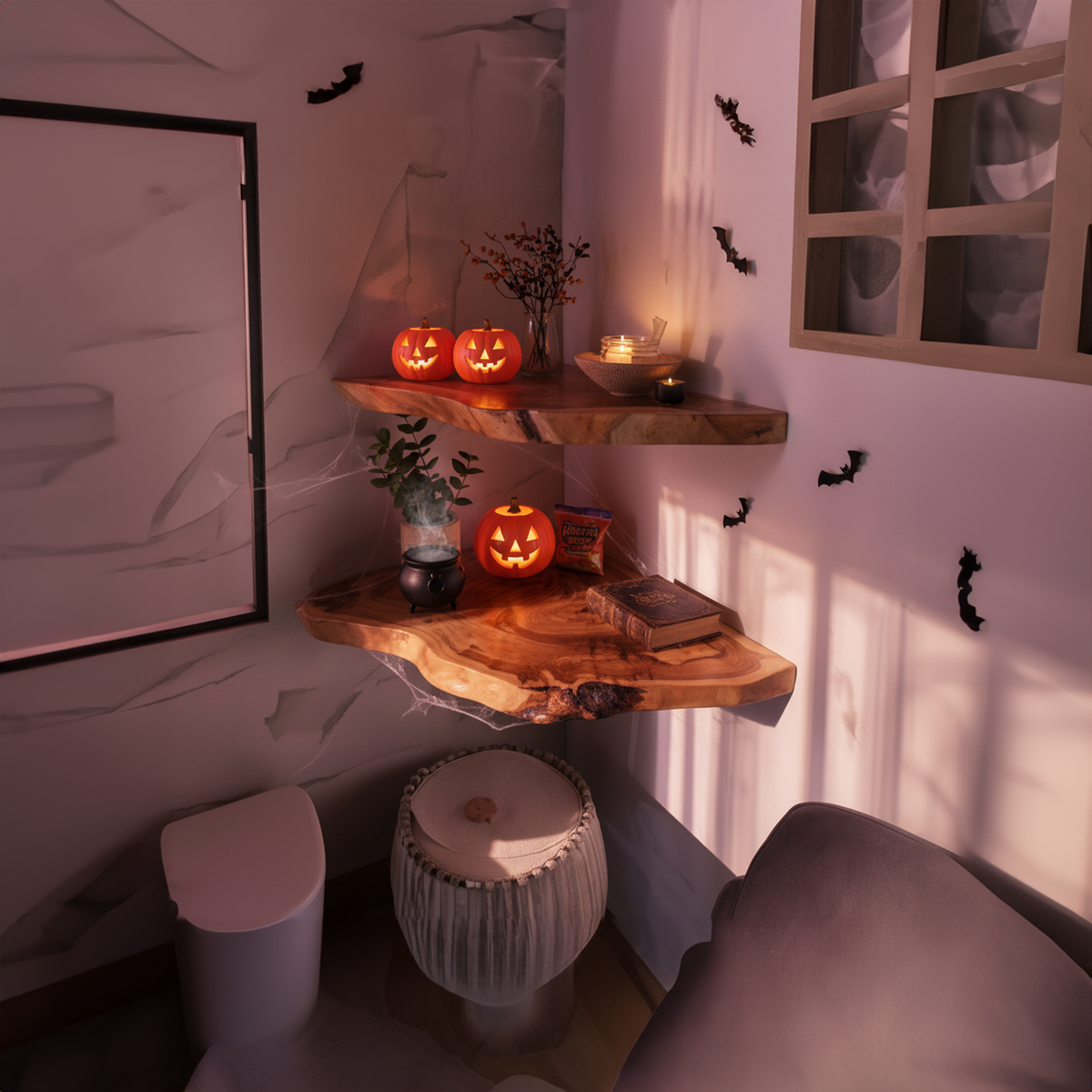 Mid-Century Floating Shelf, Rustic Wooden Tree Branch Wall Mounted Accent Shelf, Spooky Halloween Living Room Decor