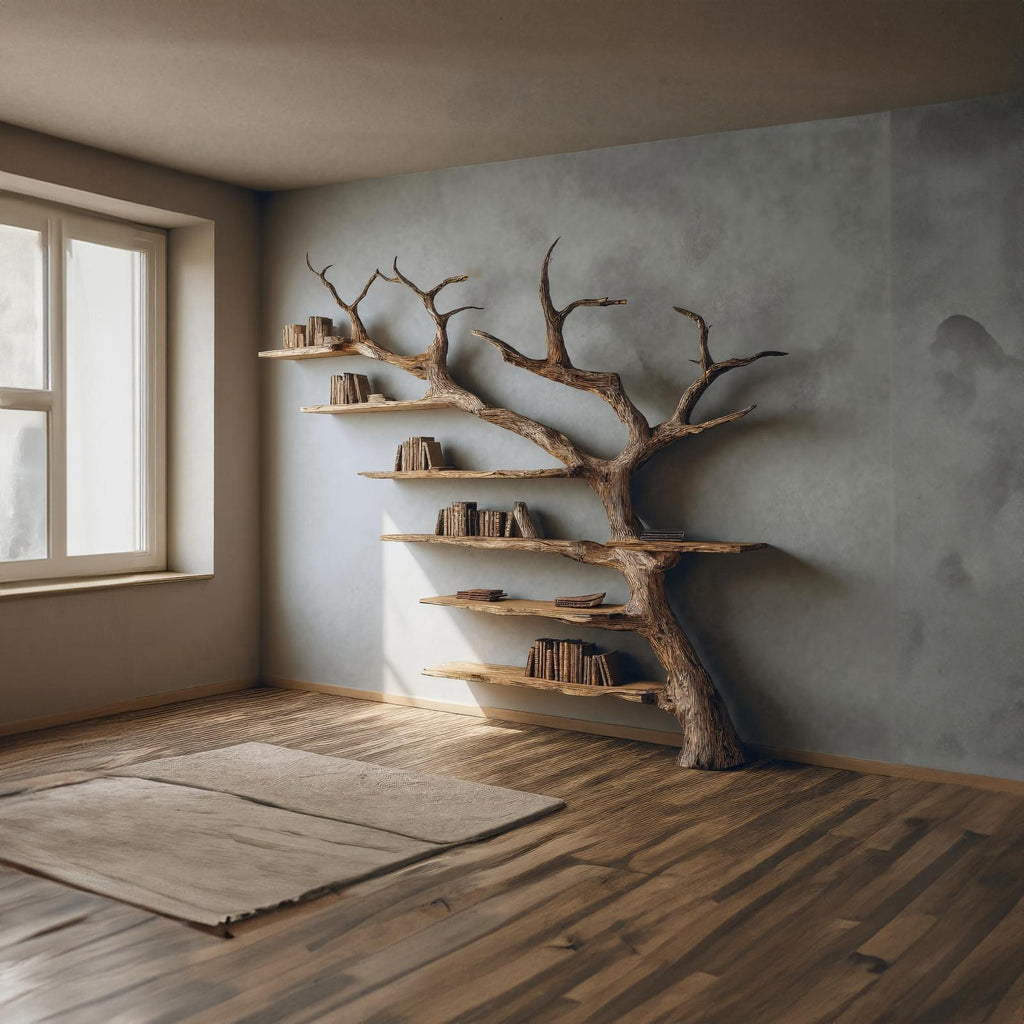 Rustic Branch Bookshelf, Handcrafted Solid Wood Wall Mounted Bookcase & Artistic Hanging Storage for Home Office Decor