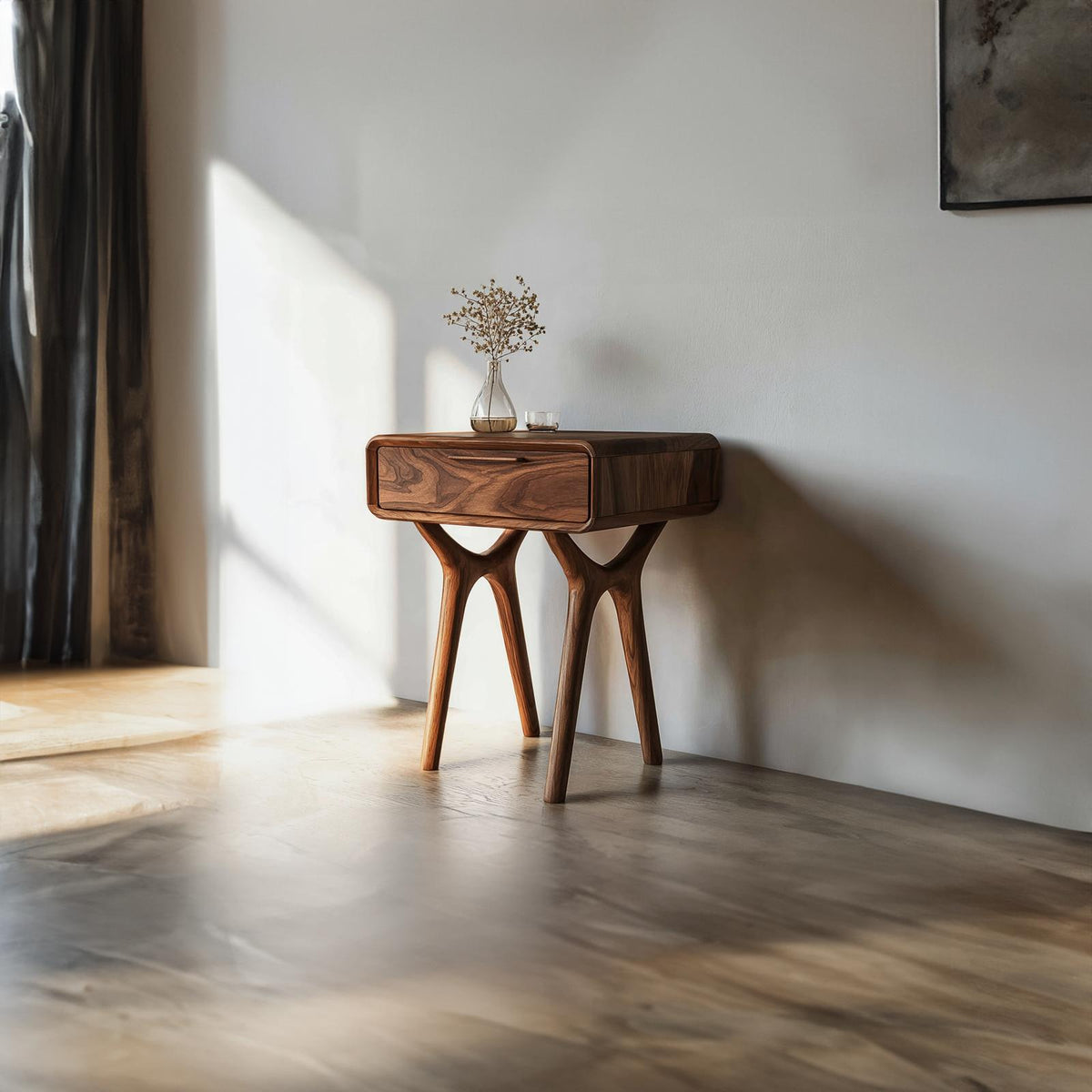 Organic Curved Leg Wood Side Table, Modern Minimalist Bedside End Table for Living Room & Bedroom, Model