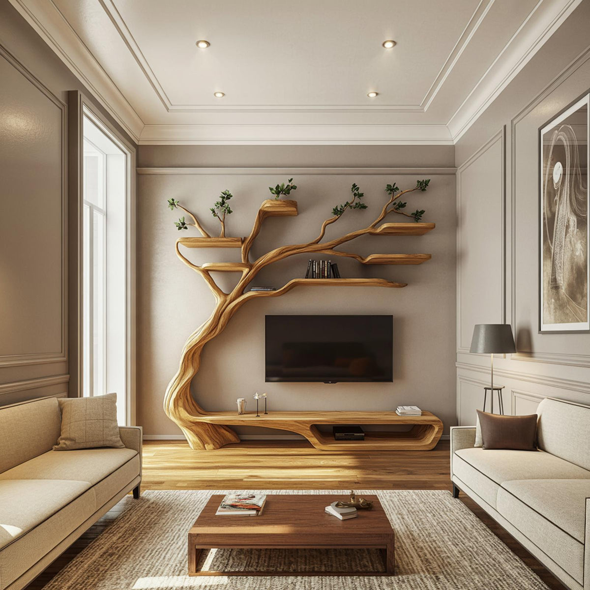 Rustic Artistic Branch Storage Shelf Living Room Interior Decor