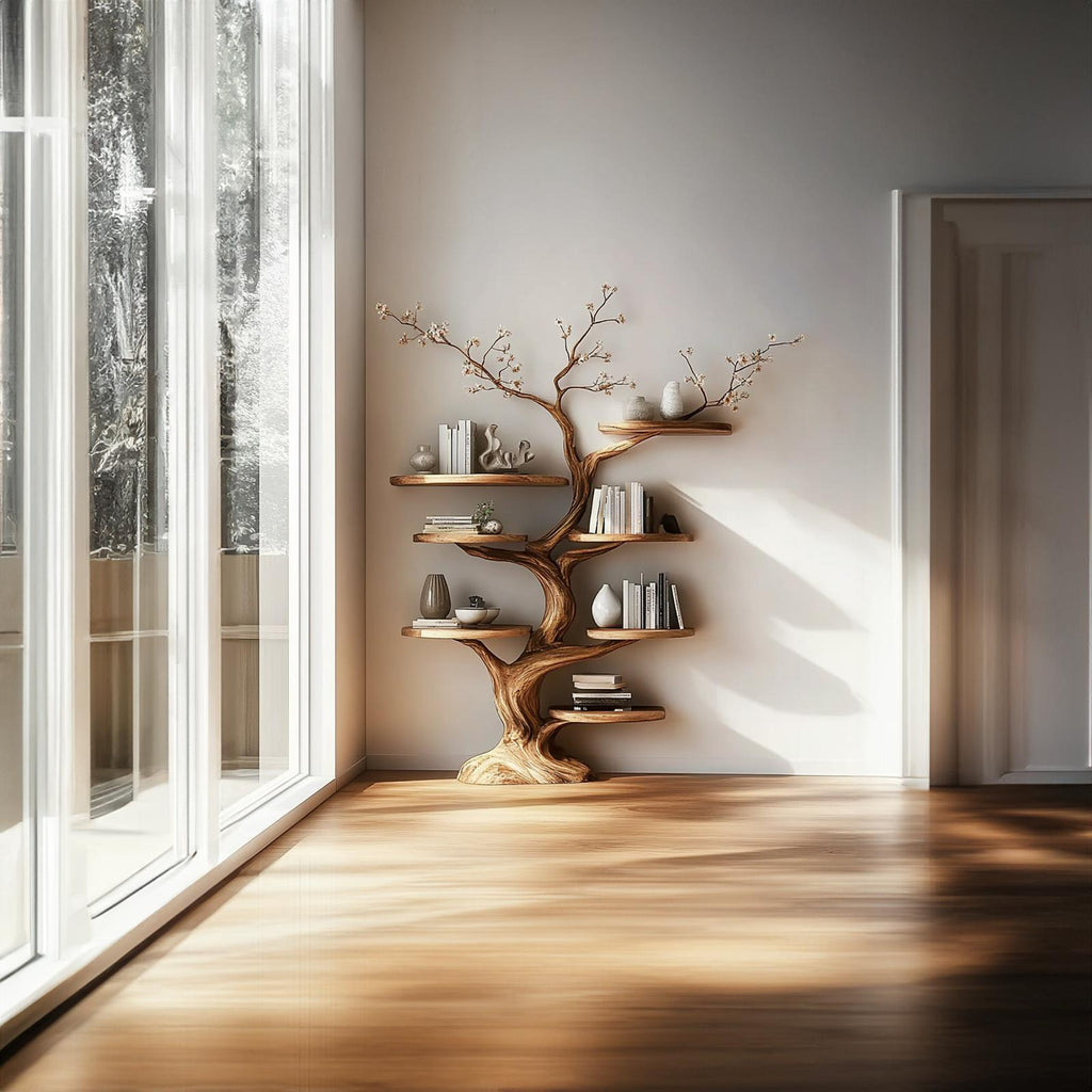 Rustic Tree Display Shelf, Handcrafted Wood Branch Bookshelf & Artistic Wall Storage Unit for Living Room, Bedroom