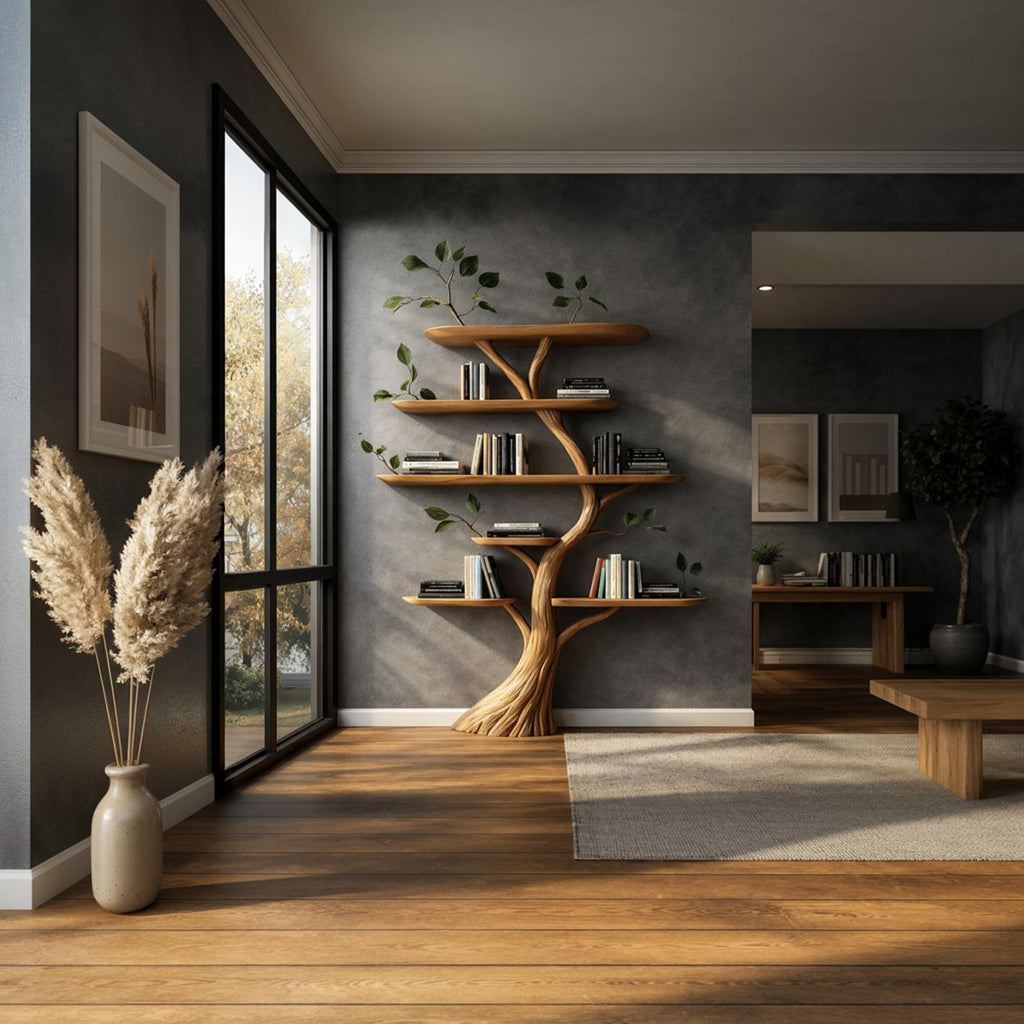 Handcrafted Wood Tree Bookshelf, Floating Branch Wall Mounted Bookcase Display Shelf for Living Room and Office