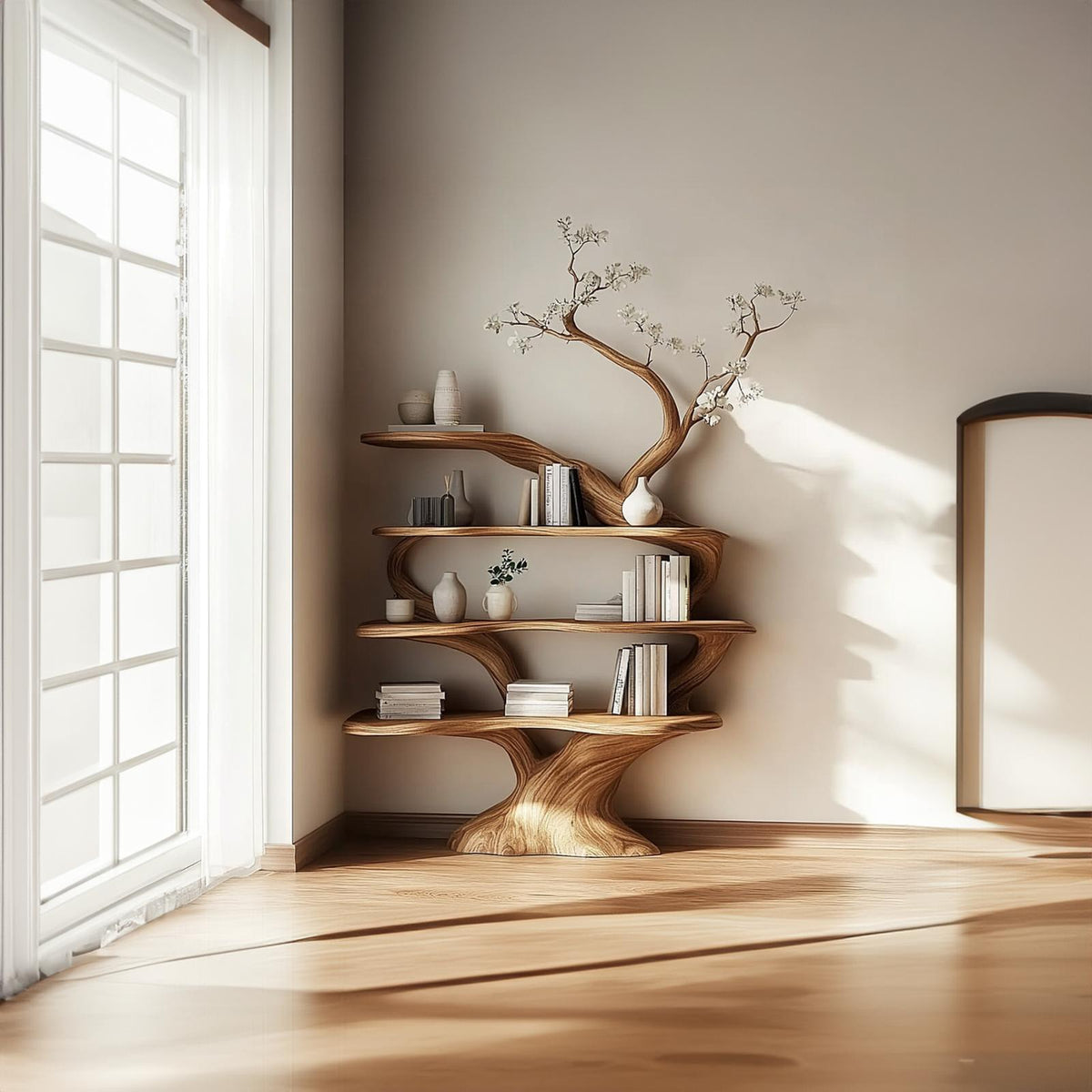 Rustic Unique Tree Shaped Wood Bookshelf, Large Handcrafted Branch Bookcase & Storage Organizer for Living Room