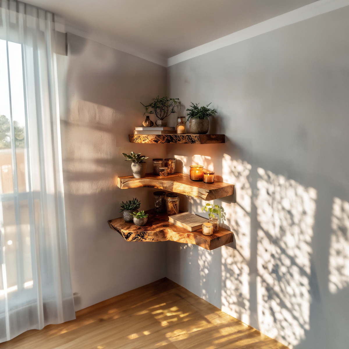Rustic Floating Corner Display Shelf, Wall Mounted Solid Wood Corner Storage Organizer for Bathroom