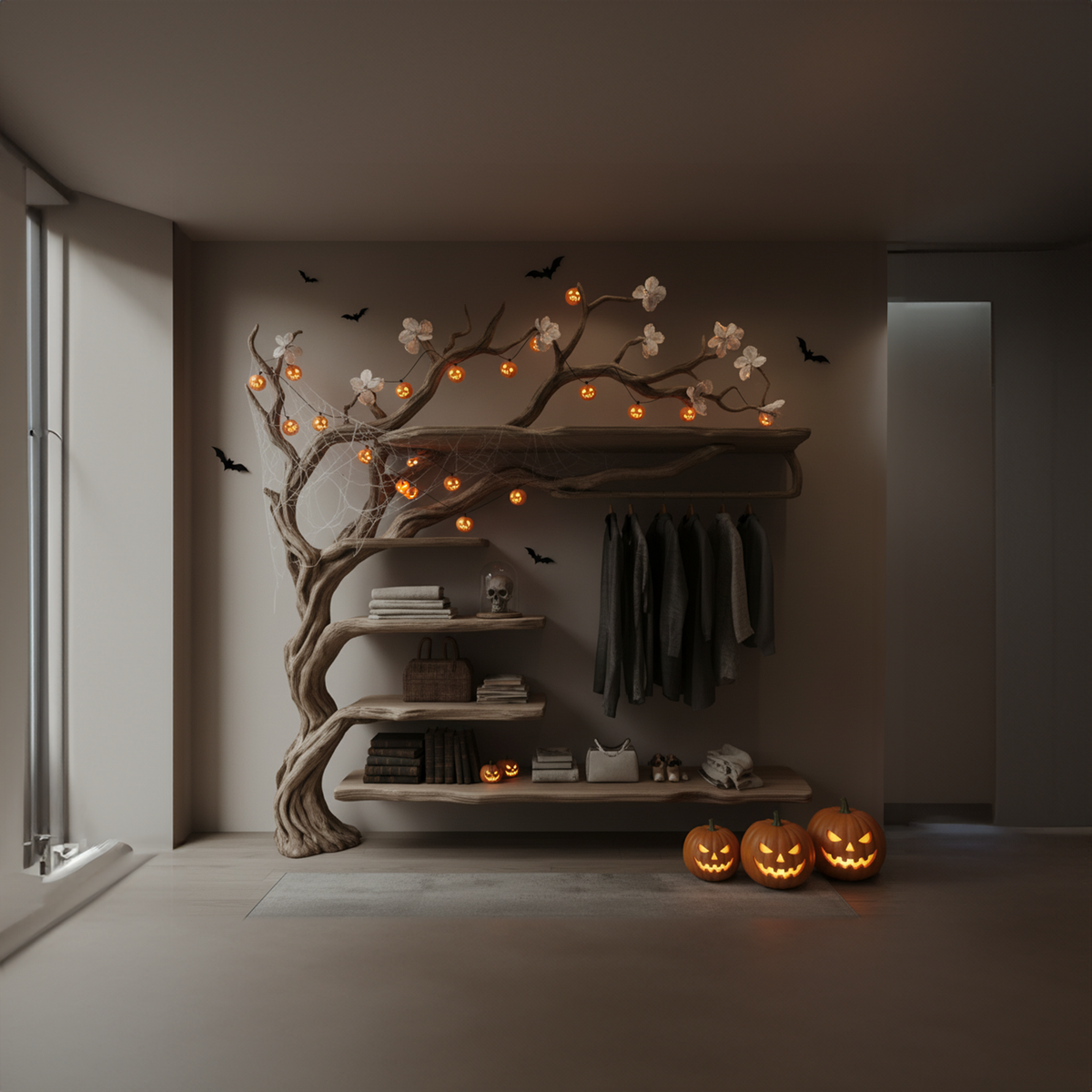 Mid-Century Wooden Tree Wardrobe Shelf, Rustic Branch Coat Rack & Organizer, Spooky Gothic Bedroom Furniture Decor