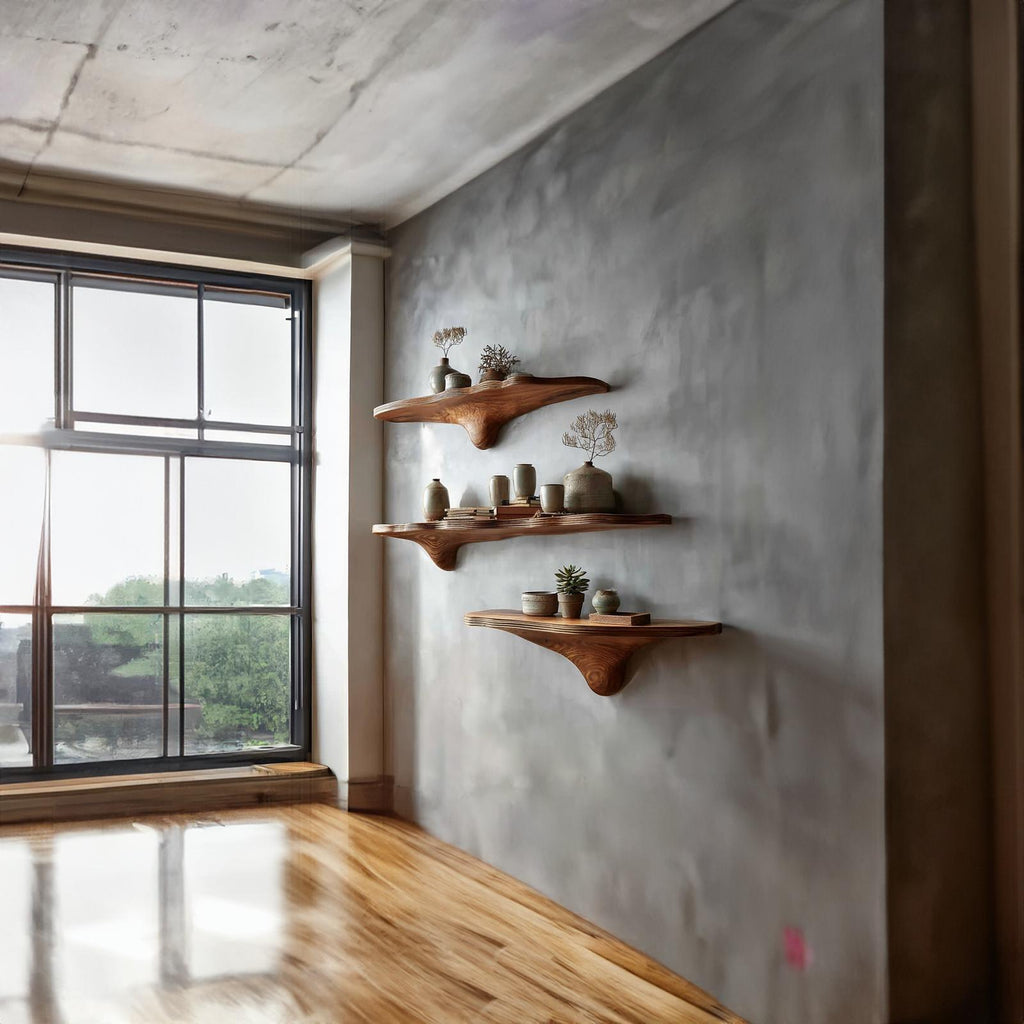 Rustic Mushroom Floating Shelves Bathroom