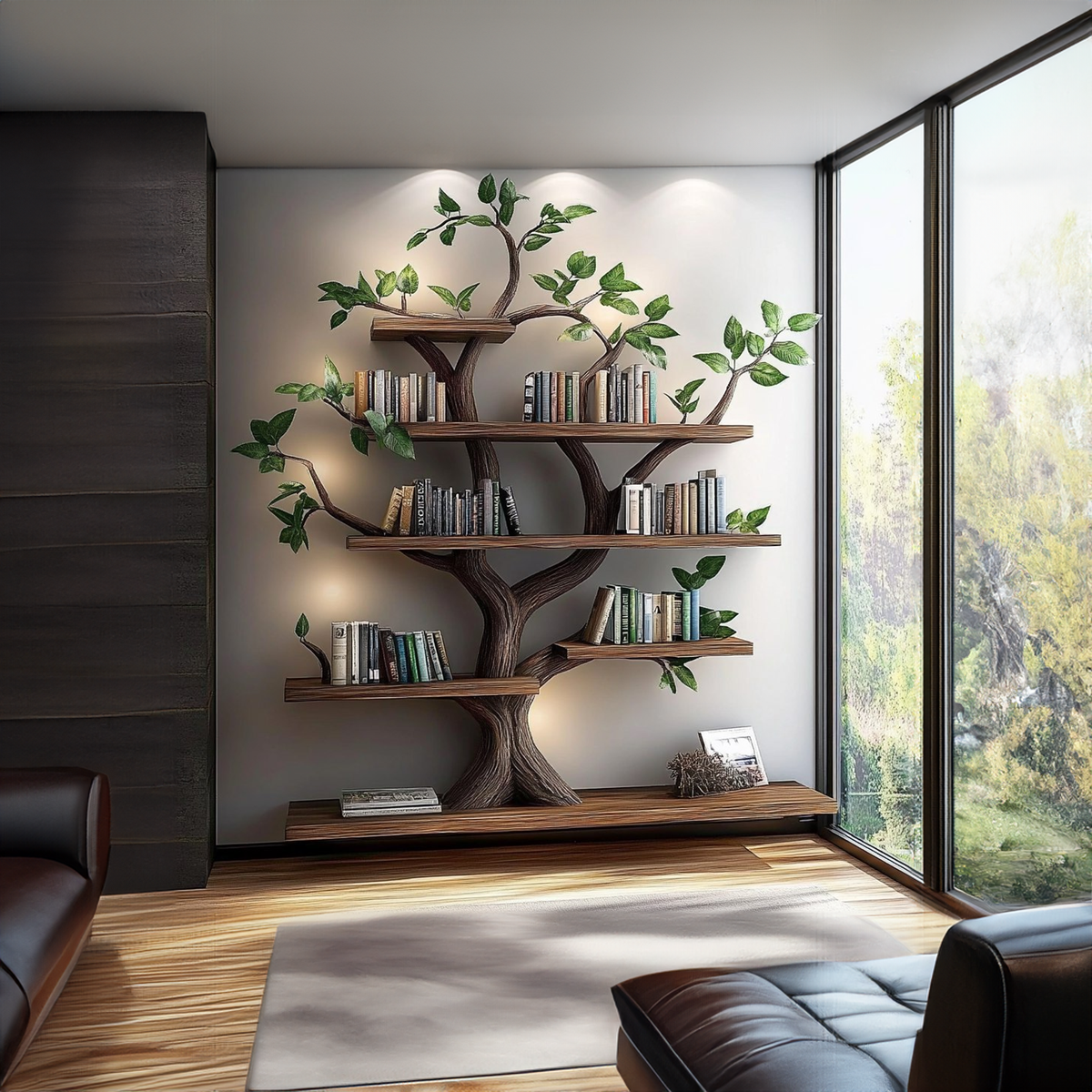Rustic Organic Tree Bookshelf, Sculptural Solid Wood Branch Wall Display & Book Organizer for Living Room