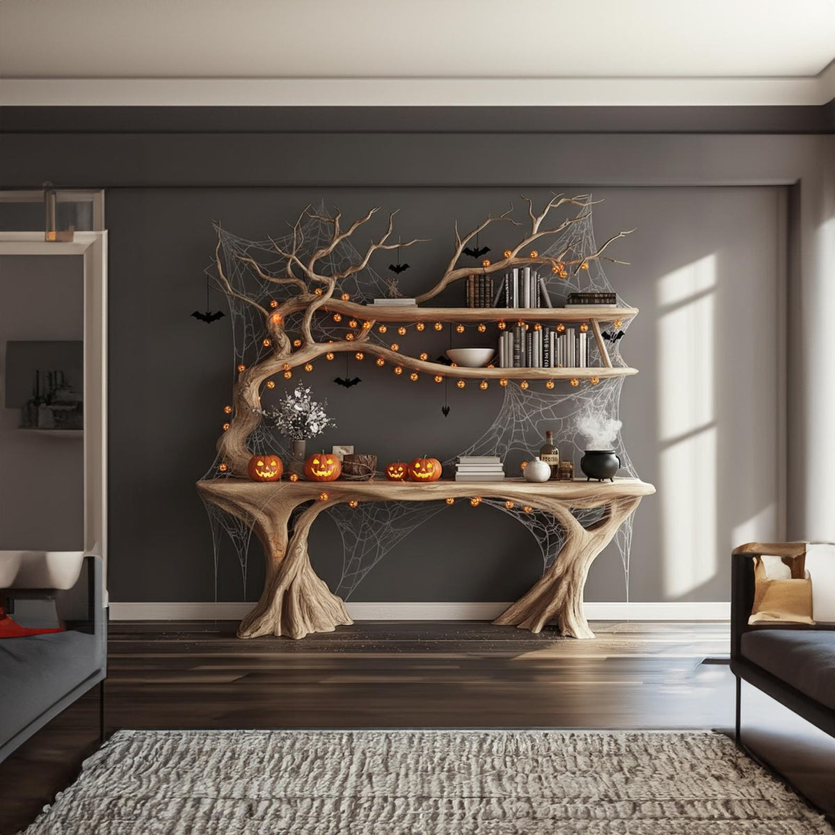 Mid-Century Wood Console Table, Rustic Tree Branch Accent Sofa Table, Spooky Gothic Living Room Decor Furniture