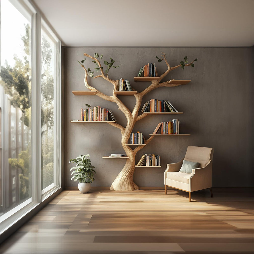 Rustic Solid Wood Wall Shelf, Large Decorative Tree Branch Floating Organizer & Bookcase for Living Room Wall Storage