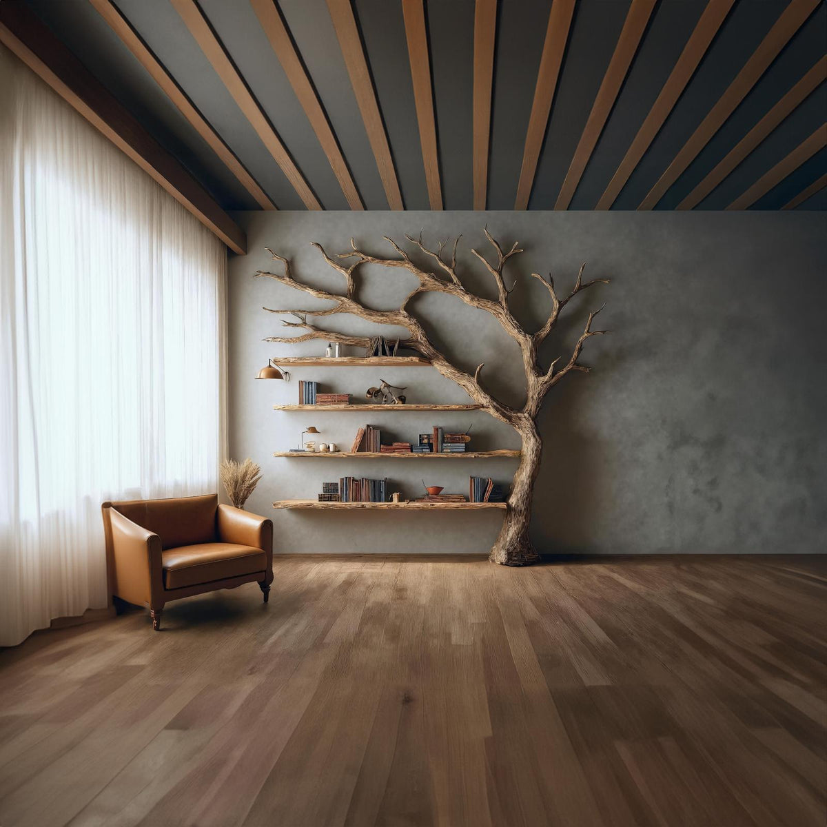Rustic Wall Mounted Tree Shelf, Solid Wood Floating Bookcase & Artistic Hanging Organizer Unit for Living Room Wall Decor
