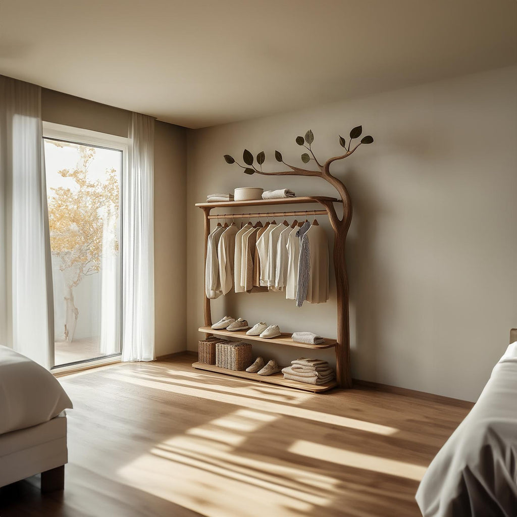 Rustic Wood Tree Wardrobe Rack, Handcrafted Solid Timber Clothes Hanging Organizer, Bedroom Free Standing Coat Rack
