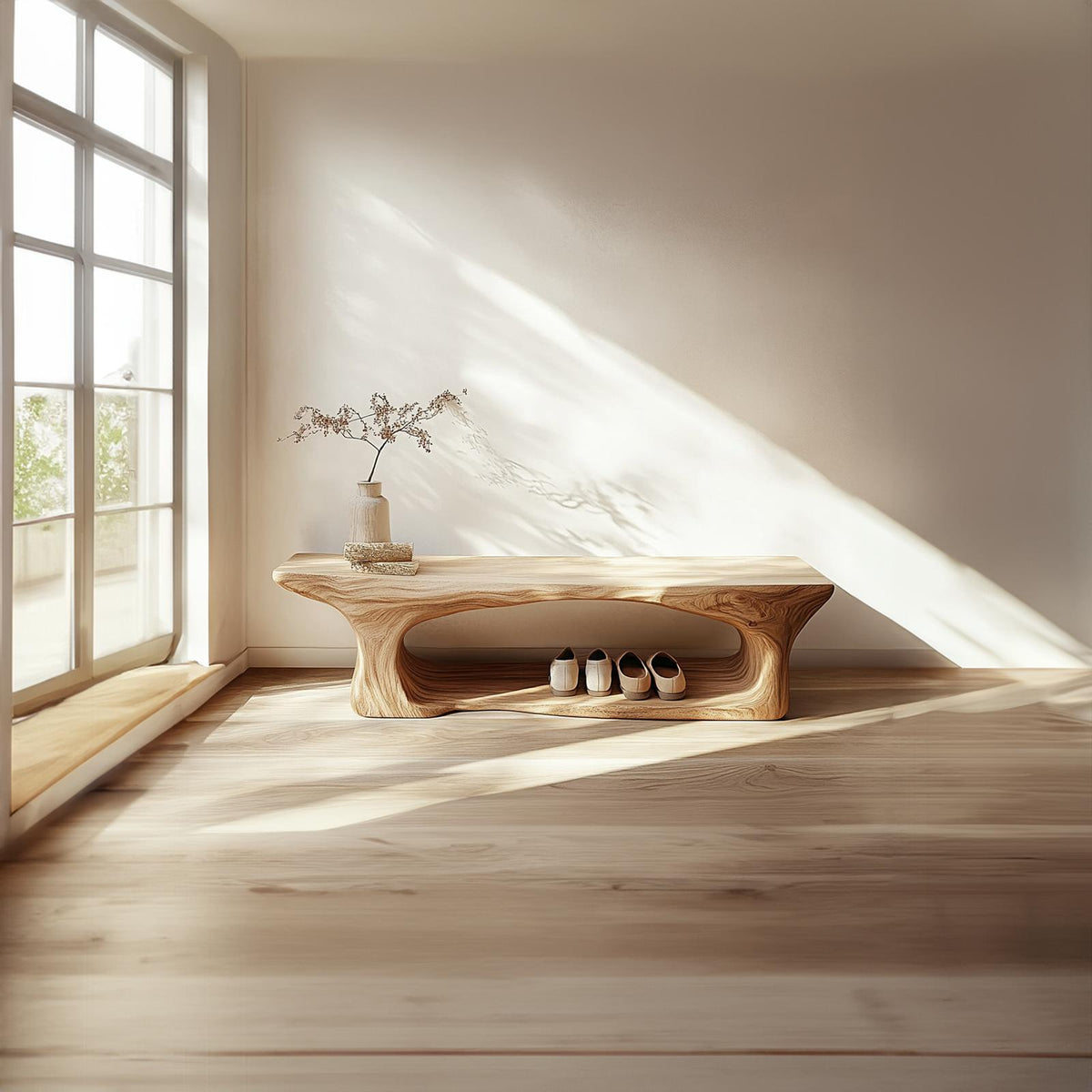 Mid Century Sculptural Wood Shoe Bench Interior